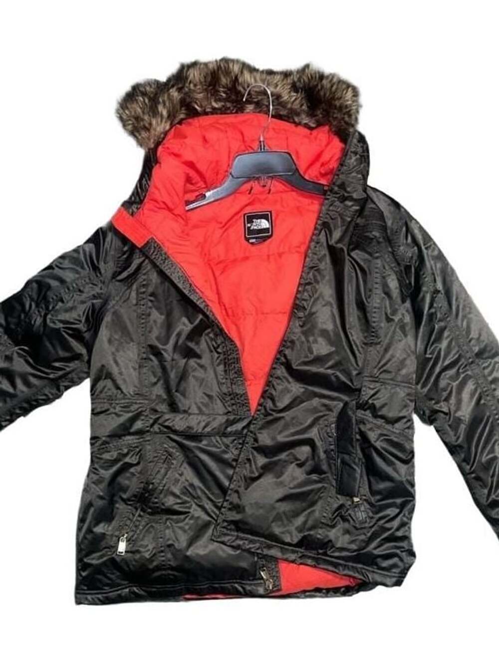 The North Face HyVent Insulated Jacket Size XL Black Red Faux Fur Hood